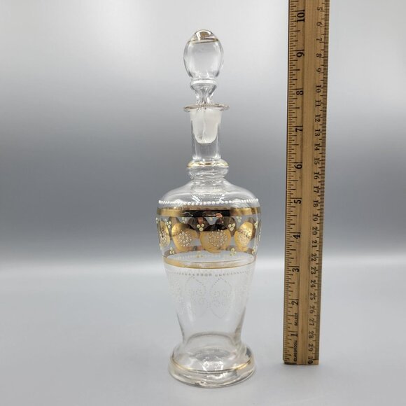 Vintage MCM Clear Decanter White Moriage and Gold Paint Designs - Picture 10 of 10